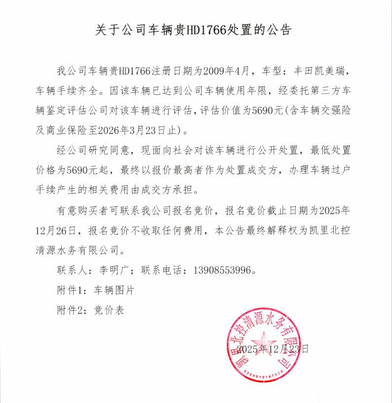 关于公司车辆贵HD1766处置的公告